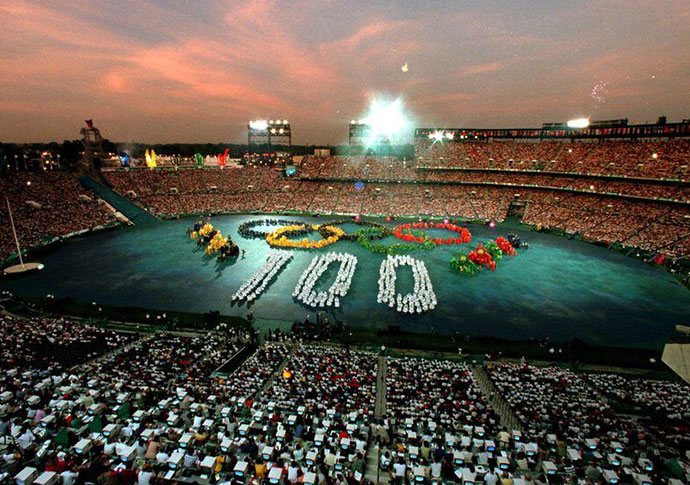 nighttime aerial view of stadium during opening ceremonies