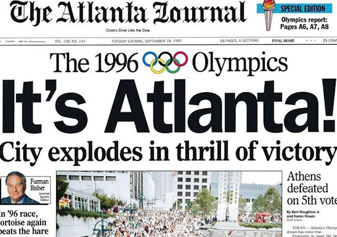 front page of the AJC stating "It's Atlanta! City explodes in thrill of victory"