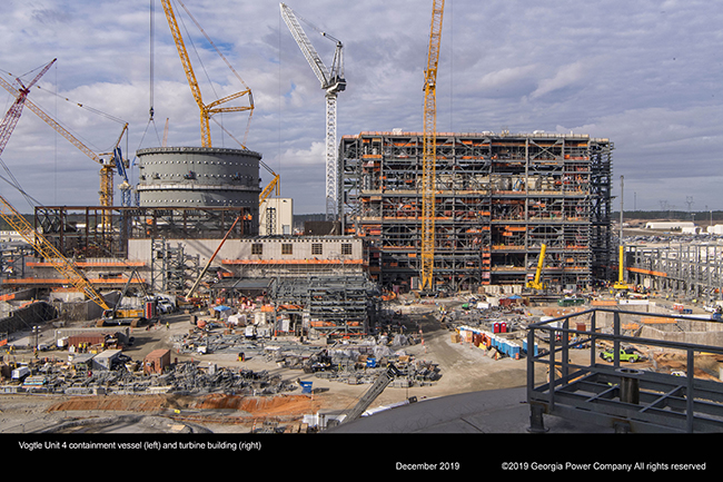 Vogtle Unit 4 containment vessel (left) and turbine building (right)